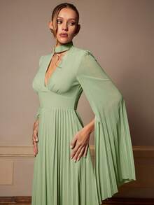 Silquee 女士优雅派对纯色褶皱披肩袖连衣裙 - 綠色 - 查看 7