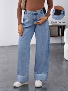 SHEIN Quần jeans bầu cạp cao ống rộng dáng suông đa năng, quần jeans dài màu xanh denim cho nữ, gấu quần xắn lên, thoải mái khi mặc vào mùa đông, Giáng sinh, Năm mới, Lễ Tạ ơn, đi làm, kỳ nghỉ, tốt nghiệp, phong cách Y2K, dễ thương, thời trang đường phố, dự tiệc, đám cưới, thanh lịch, công sở, quần jeans bầu ống rộng hỗ trợ bụng, phong cách tối giản, kiểu mẹ, dễ phối áo sơ mi. - Màu xanh lam - Xem 7