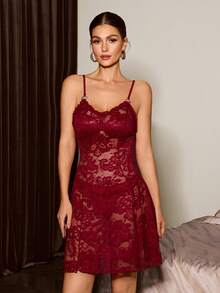Slumberist 针织提花睡袍和性感蕾丝吊带睡衣套装 - 酒紅色 - 查看 3