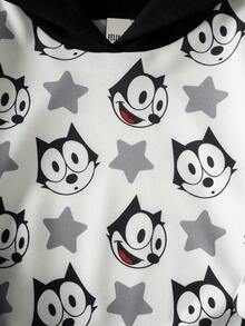 SHEIN Felix The Cat Young Girl Cute Cartoon Cat Pattern Sweatshirt, Black & White Adorable Graphic Long Sleeve Sweatshirt - Black - View 4