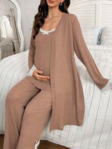 Moonlight&Mama 3pcs Solid Color Ribbed Contrast Lace Camisole, Pants And Jacket Maternity Casual Pajama Set, Winter