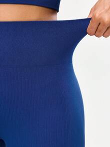 SHEIN Sports 蓝色罗纹短袖长裤套装，弹力十足，防蹲走光 - 藏蓝色 - 查看 5