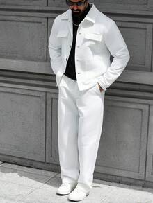 Manfinity CasualCool Men's Casual Solid Color White Autumn Suit Set,Commuter Jacket And Pants Outfit,Holiday Tuxedo For Daily Leisure,Outdoor Activities & Semi-Formal - White - View 4