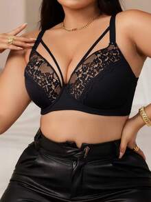 Plus Size Women Lace Patchwork Underwire Bra, Comfortable & Sexy, Suitable For Outerwear, Daily Wear, Dates, Parties