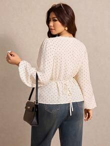 Elaquor 大码女式波点印花撞色蕾丝灯笼袖时尚衬衫白色上衣，适合新年夜穿着，适合身材丰满的女性 - 米色 - 查看 2