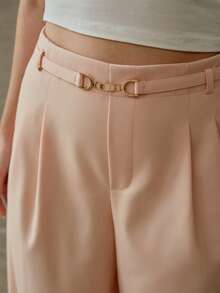 PREMIUM PLUS SIZE METAL BUCKLE WAIST ELEGANT WIDE LEG SUIT PANTS, SPRING/SUMMER - Coral Pink - View 2