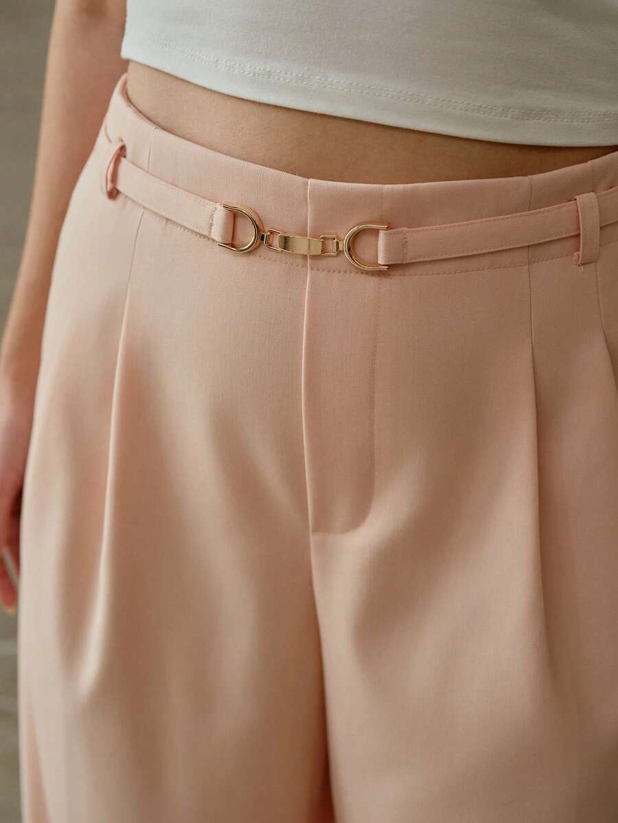 PREMIUM PLUS SIZE METAL BUCKLE WAIST ELEGANT WIDE LEG SUIT PANTS, SPRING/SUMMER - Coral Pink - View 2