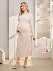 SHEIN Maternity Casual Everyday Commute Simple Solid Color Ribbed Drawstring Ruched Fitted Dress, Spring/Autumn - Apricot - View 3