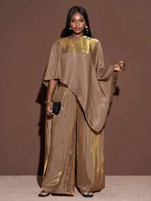 Veslaya 2025新款加大码女装冬季亮面面料斗篷式上衣宽松长裤两件套，适合圣诞节/新年/派对/展现女性优雅气质/闪亮两件套/感恩节/正式场合穿着 - 藕粉色 - 查看 7