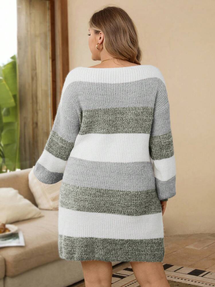 Vestido de Suéter Casual Solto, Colorido, Gola Barco, Manga Balão, Felpudo e Quente, Versátil para Uso Diário, Ação de Graças, Plus Size Feminino