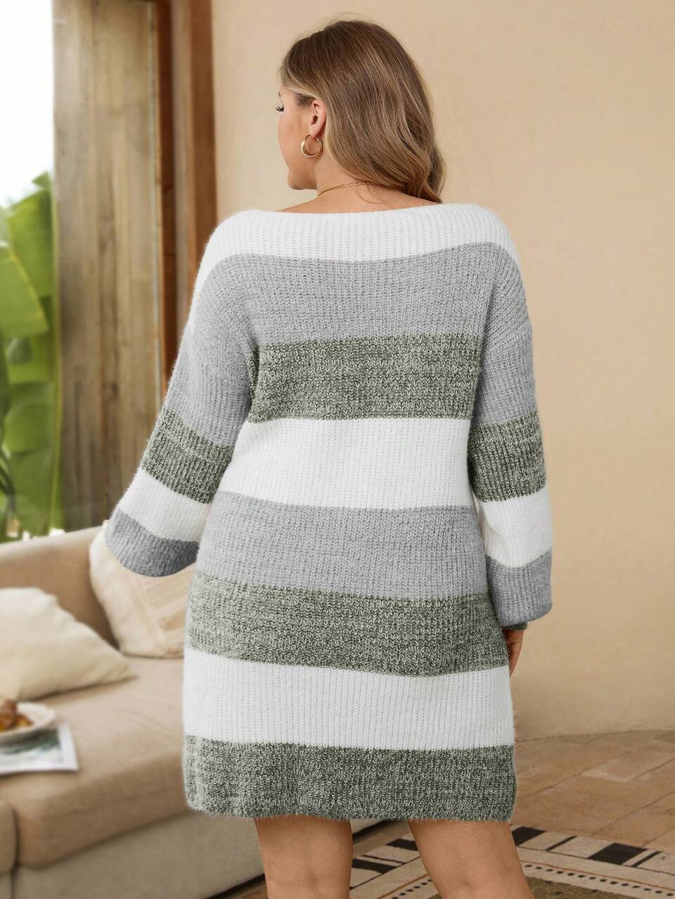 Plus Size Women Multicolor Boat Neck Lantern Sleeve Fuzzy Warm Casual Loose Pullover Sweater Dress, Versatile For Daily Wear, Thanksgiving/Winter