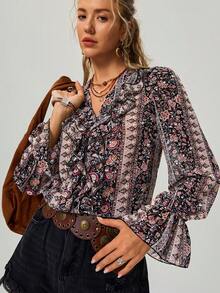 Freevana Áo kiểu nữ cổ điển dáng suông họa tiết hoa nhí xếp nếp, phong cách boho mùa thu, họa tiết paisley đồng quê, lãng mạn miền Tây. - Nhiều màu - Xem 1