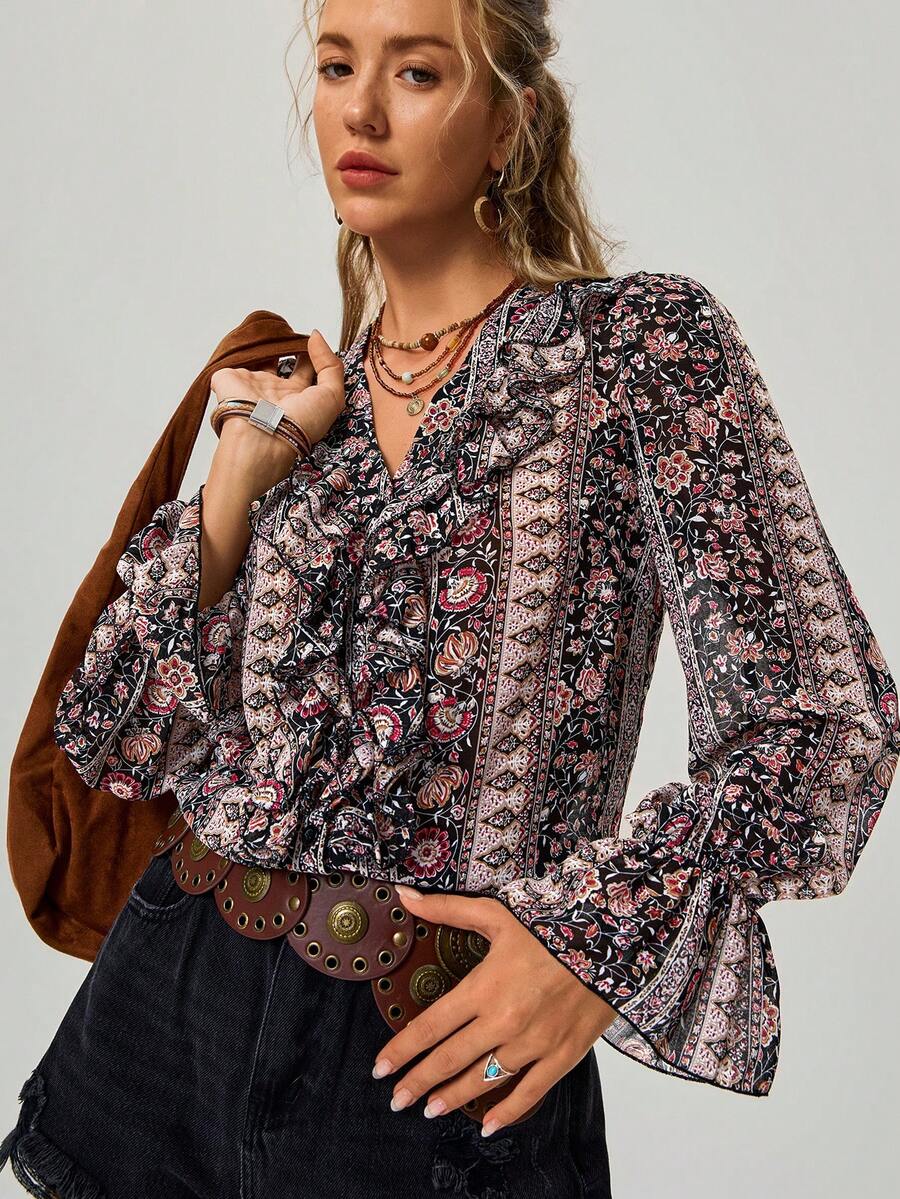 Freevana Áo kiểu nữ cổ điển dáng suông họa tiết hoa nhí xếp nếp, phong cách boho mùa thu, họa tiết paisley đồng quê, lãng mạn miền Tây. - Nhiều màu - Xem 1