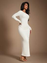 Radiana Women's Casual Elegant Apricot Fleece Ribbed Asymmetric Neck Ruched Long Sleeve Bodycon Maxi Dress, Suitable For Daily Wear, Valentine's Day, Date, Commute, Office, Shopping, Home, Casual, Spring & Autumn