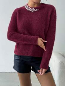 SHEIN Clasi 女士优雅串珠圆领毛衣，秋冬新年服装 - 酒紅色 - 查看 5