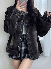 FRIFUL 女士休闲水洗牛仔外套，荷叶边下摆，秋季款 - 黑色 - 查看 2