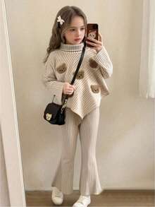 SHEIN Vintaside Kids Autumn New Young Girls Fashion Minimalist Set, Bear Graphic Half-Turtleneck Top + Slim Flared Pants 2 Pieces Outfit