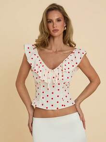 COSMINA 女士优雅荷叶边V领波点衬衫，适合约会、派对等各种场合，四季皆宜，波点上衣，系带上衣，荷叶边上衣，女士上衣，蝴蝶结装饰上衣 - 紅白色 - 查看 6