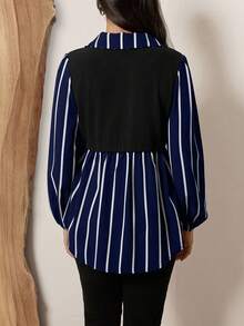 SHEIN LUNE 大码条纹拼接翻领长袖休闲衬衫 假日条纹上衣 女士优雅上衣 女士西部风上衣 女士衬衫 女士上衣 - 彩色 - 查看 2