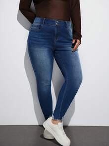 Maija Plus Size Distressed Skinny Stretch 7/8 Length Denim Jeans, Blue - Blue - View 1