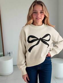 SHEIN Tween Girls' Apricot Cute Casual Contrast Black Butterfly Round Neck Long Sleeve Cropped Sweater Top, Suitable For Spring, Autumn, Winter, Clean Girl Style, Chinese New Year, Valentine's Day - Apricot - View 1