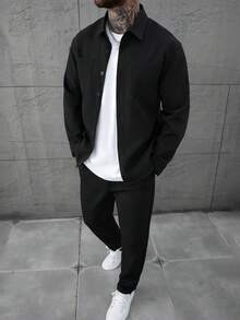 Manfinity Homme 男士秋冬小格纹经典双口袋长袖衬衫搭配弹力抽绳长裤两件套，适合休闲、办公、居家、聚会、约会、商务、驾车或骑行等各种场合，正式或非正式皆宜，自用或送礼皆宜。 - 黑色 - 查看 1