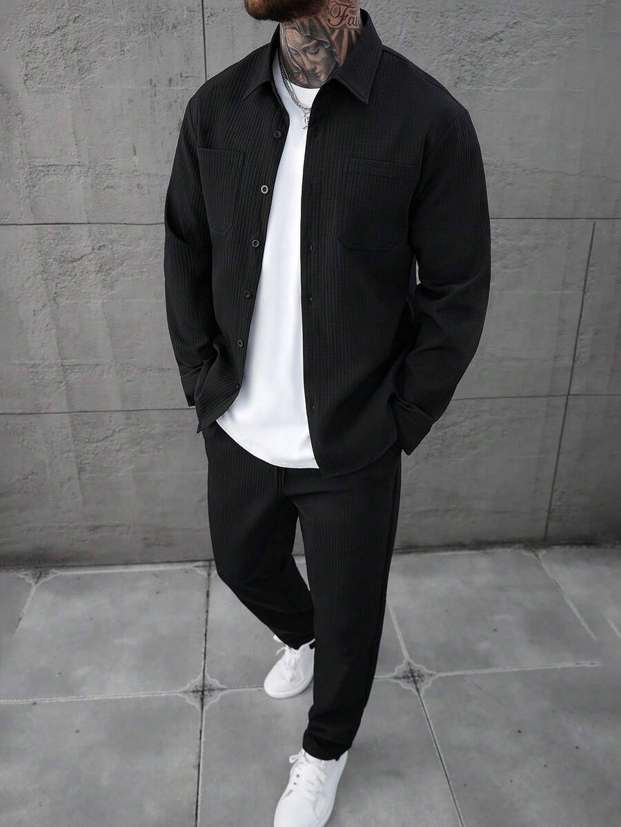 Manfinity Homme 男士秋冬小格纹经典双口袋长袖衬衫搭配弹力抽绳长裤两件套,适合休闲、办公、居家、聚会、约会、商务、驾车或骑行等各种场合,正式或非正式皆宜,自用或送礼皆宜。 - 黑色 - 查看 1