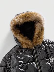 ROMWE MEN Street Life Spring Casual Graphic Men'S Hooded Fuzzy Spider Web Embroidery Loose Winter Jacket - Black - View 3