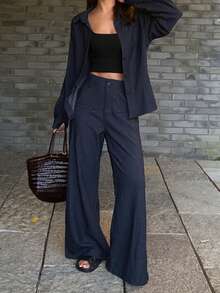 DAZY 女士牛仔衬衫配喇叭裤，优雅都市休闲牛仔套装 - 深色水洗藍 - 查看 4