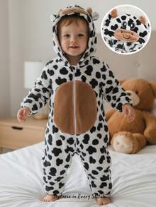 Cozy Pixies Bộ áo liền quần dài tay có mũ, lót giữ nhiệt, họa tiết bò sữa cho bé trai. - Đen và trắng - Xem 1