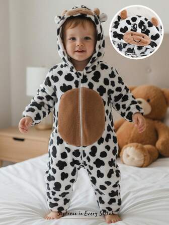 Cozy Pixies Mono con capucha de manga larga y pantalones forrado térmicamente con estampado de vaca para bebé niño