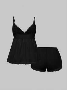 ROMWE Ribbed Lace Camisole & Shorts Casual Pajama Set
