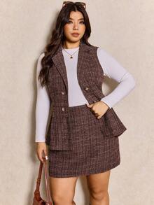 Elaquor Plus Size Women Plaid Tweed Two Piece Set,Double-Breasted Sleeveless Jacket & Mini Skirt,Burgundy,Summer,Elegant,Office,Back-To-School Blazer Vest Set - Coffee Brown - View 3