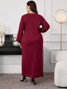 SHEIN Clasi Plus Size Women Long Sleeve Dress, Elegant Twist Knit Stretchy Dress For Autumn/Winter New Year Outfit - Burgundy - View 2