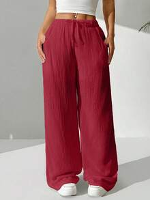 Quần vải cotton rộng rãi màu trơn thắt nút dành cho nữ - Màu Hồng Tươi - Xem 5