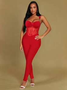 Radiana 春夏婚礼季宾客情人节优雅浪漫白色高弹针织五金装饰露背束身衣式修身长款连体裤 - 紅色 - 查看 3