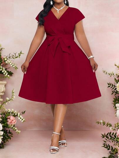 SHEIN Lady Plus Size Belt Summer Autumn Winter Bow Waist Design Niche Chic Ladies Dress Plus Size Dark Red Dress Bow Dresses For Women Elegant Midi Dress Midi Cocktail Dress Tea Length Dress Burgundy Bridesmaid Dress Valentine's Day Spring Outfit Women Summer Dress  Beach Dress  Birthday Dress Casual Dresses For Women