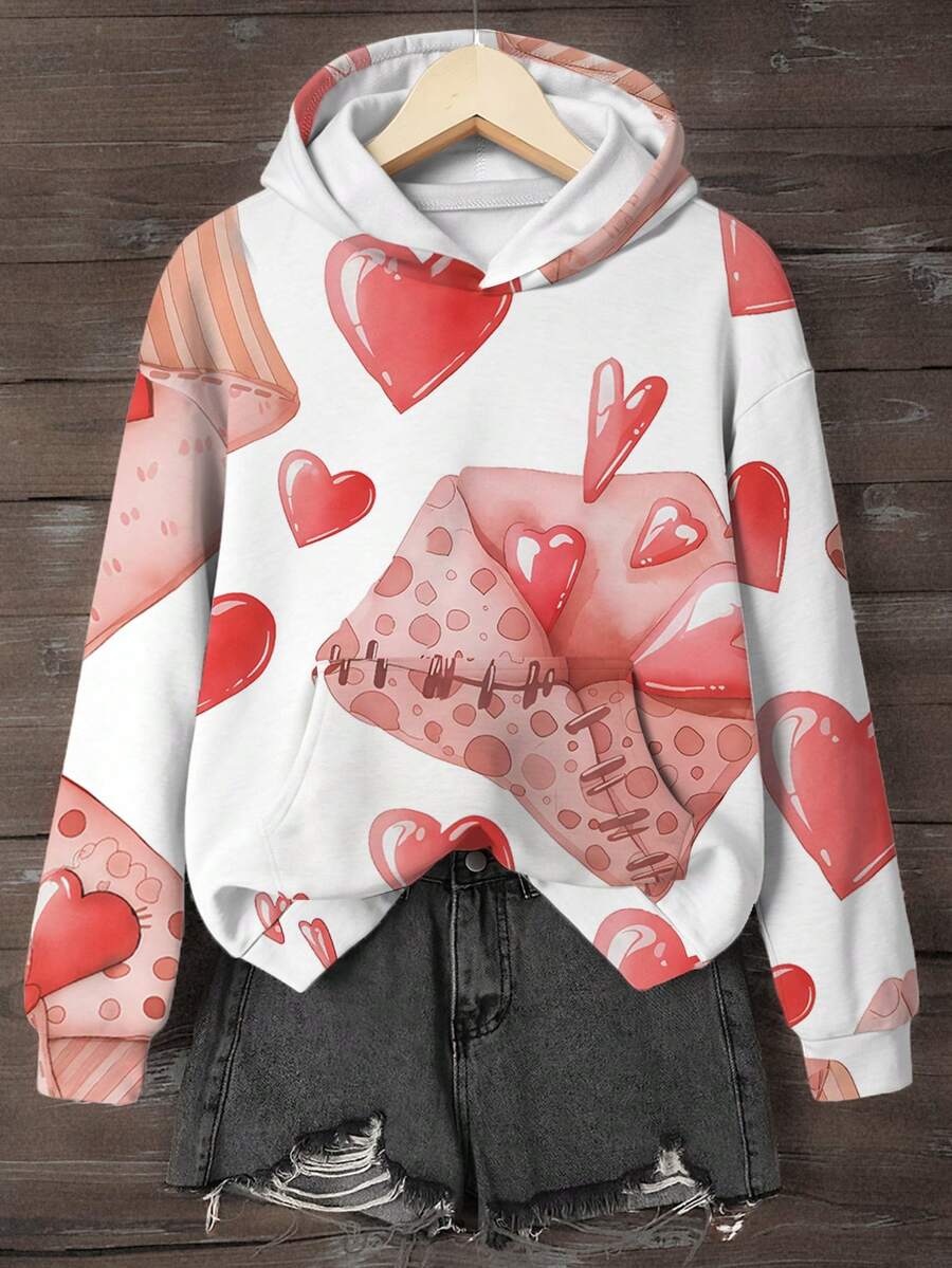 EMERY ROSE Women's Pink & Red Heart Print Hooded Sweatshirt - Valentine's Day Gift, With Pockets And Envelope Pocket Design, Suitable For Casual Dates, Travel And Daily Casual Wear - Multicolor - View 1