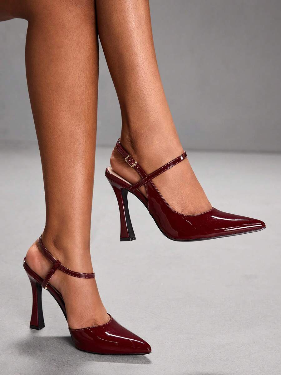 CUCCOO SZL 女士尖头搭扣设计时尚高跟鞋，适合日常穿着 - 酒紅色 - 查看 1
