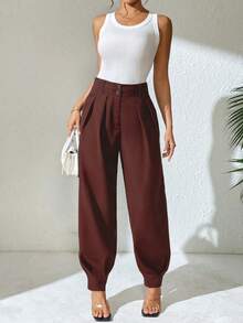 Xyvia 女士优雅高腰双纽扣装饰褶皱直筒裤，春秋季休闲西装裤 - 紅木色 - 查看 5