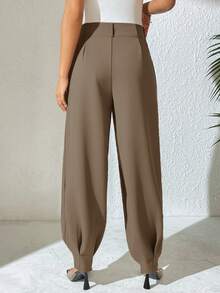 Xyvia 女士优雅高腰双纽扣装饰褶皱直筒裤，春秋季休闲西装裤