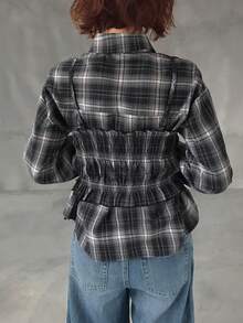 FRIFUL 女士格子长袖纽扣衬衫和褶裥吊带背心休闲两件套