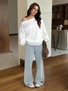 SHEIN EZwear 女士宽松斜肩保暖内衬卫衣，白色，秋冬 - 白色 - 查看 5