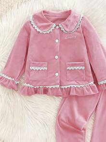 女童刺绣字母图案荷叶边舒适简约圆领长袖上衣和裤子套装，适合家庭聚会，秋冬 - 粉色 - 查看 4