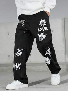 Manfinity EMRG 男士休闲字母五角星印花抽绳腰带运动裤 - 黑色 - 查看 4