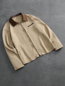 PAVTROS Men's Contrast Color Collar Long Sleeve Zip Front Casual Shirt Mens Cropped Jacket Mens Turn-Down Collar Short Sleeve Jacket Mens Zip Up Shirt Mens Short Jacket Mens Collared Shirts - Khaki - View 3