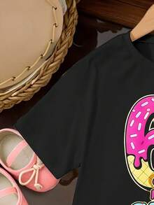 女童短袖T恤，67 Six Seven甜甜圈图案印花，适合春夏穿着，休闲可爱，时尚百搭。 - 黑色 - 查看 4