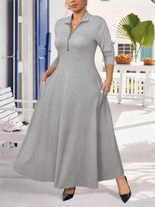 EMERY ROSE 大码柔软针织面料翻领拉链装饰长袖收腰连衣裙，休闲百搭，适合外出、聚会、约会和居家穿着。 - 淺灰色 - 查看 1