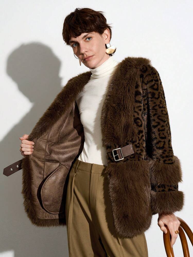 Aalyst Women's Elegant, Casual, Luxury Leopard Print Regular Fit Faux Fur Coat, Suitable For Halloween, Christmas, New Year, Thanksgiving, Winter - Coffee Brown - View 8