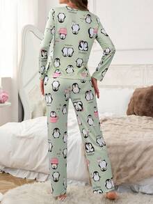 1件装女士牛奶丝140克数码印花睡衣套装，可爱企鹅睡衣，卡哇伊睡衣，卡通睡衣套装，女士冬季服装